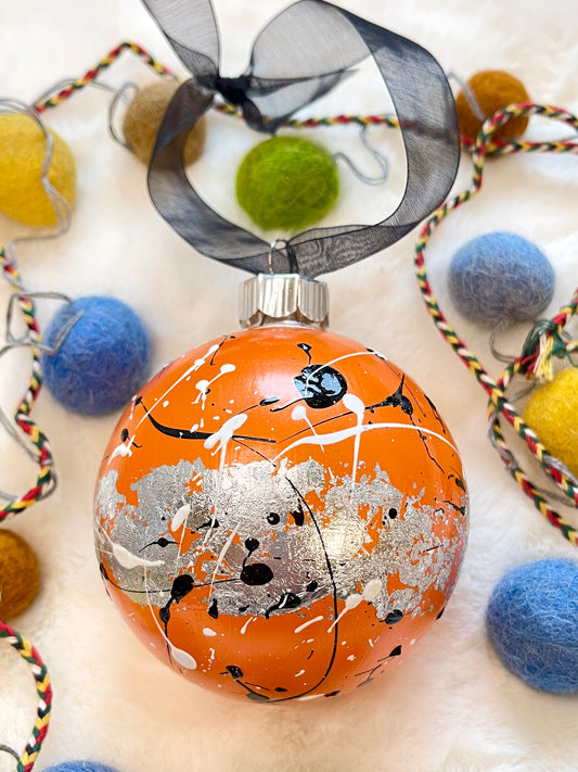 Glass Ball Ornament - Orange with Silver Leaf