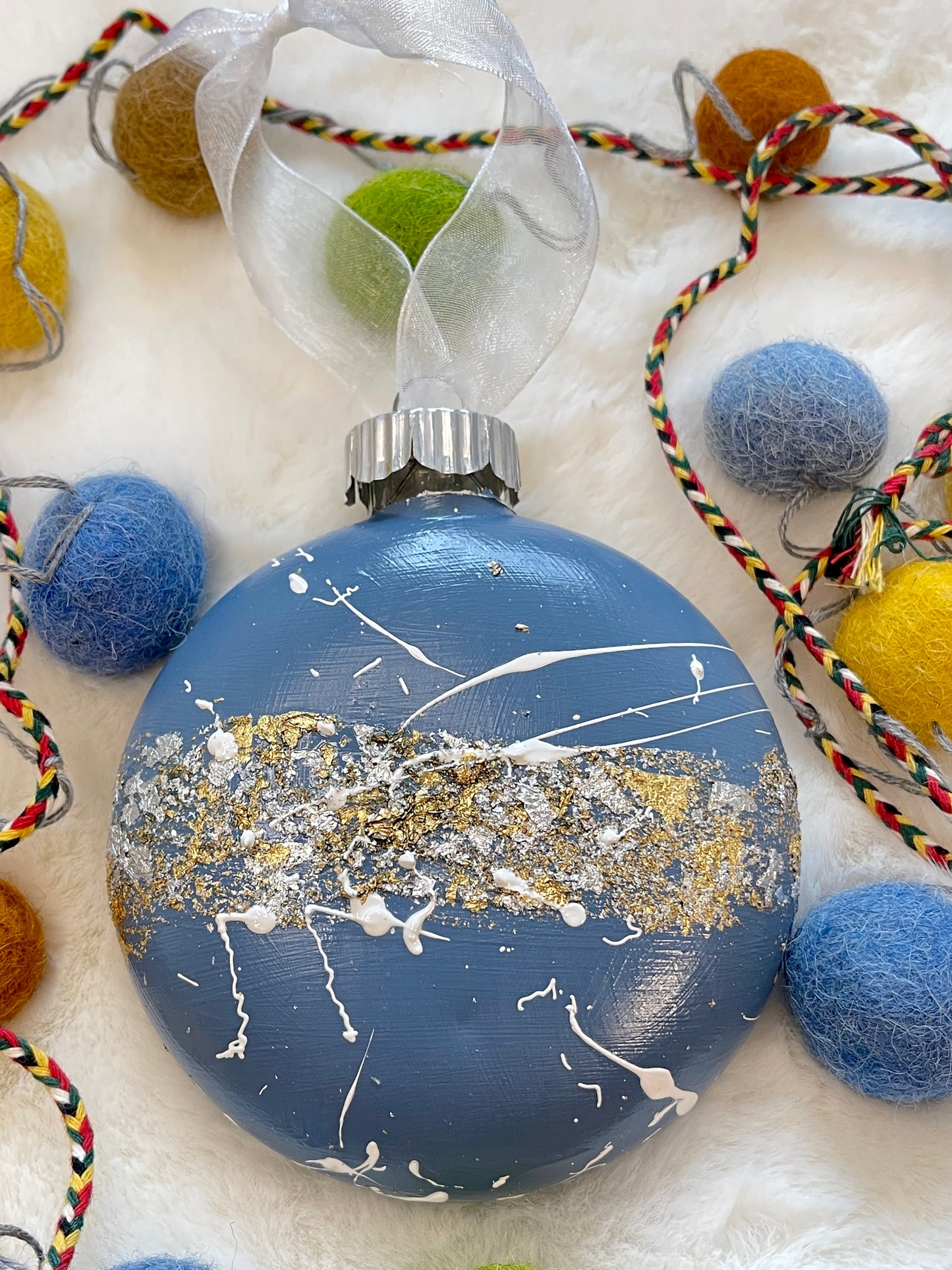 Glass Disc Ornament - Soft Blue with Metallic Leaf