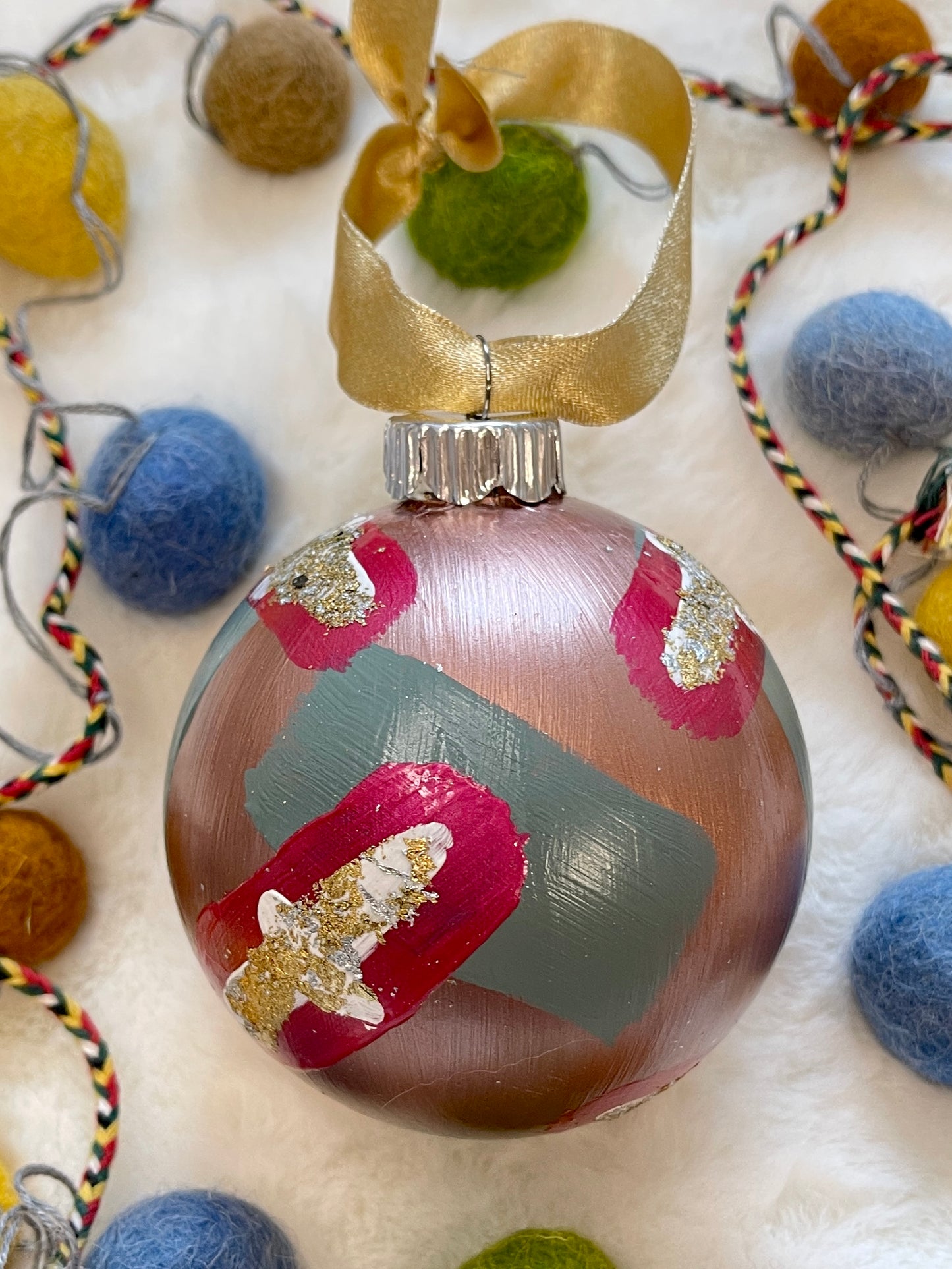 Glass Ball Ornament - Rose Gold, Magenta & Sage with Gold Leaf