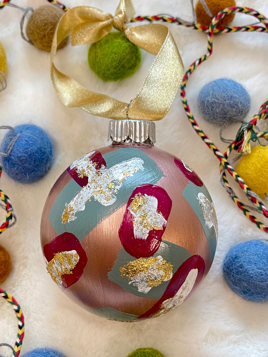 Glass Ball Ornament - Rose Gold, Magenta & Sage with Gold Leaf