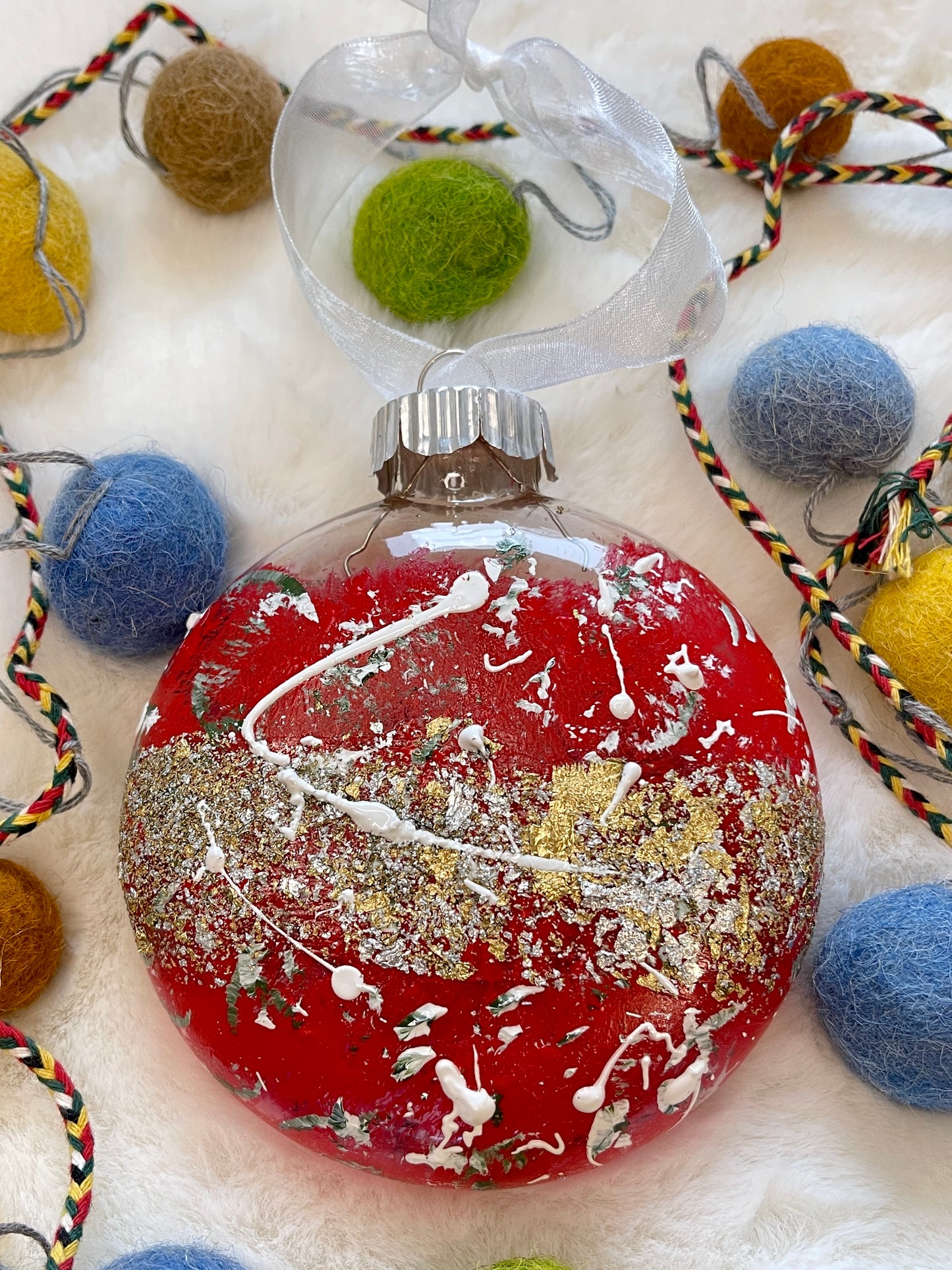 Glass Disc Ornament - Red with Metallic Leaf